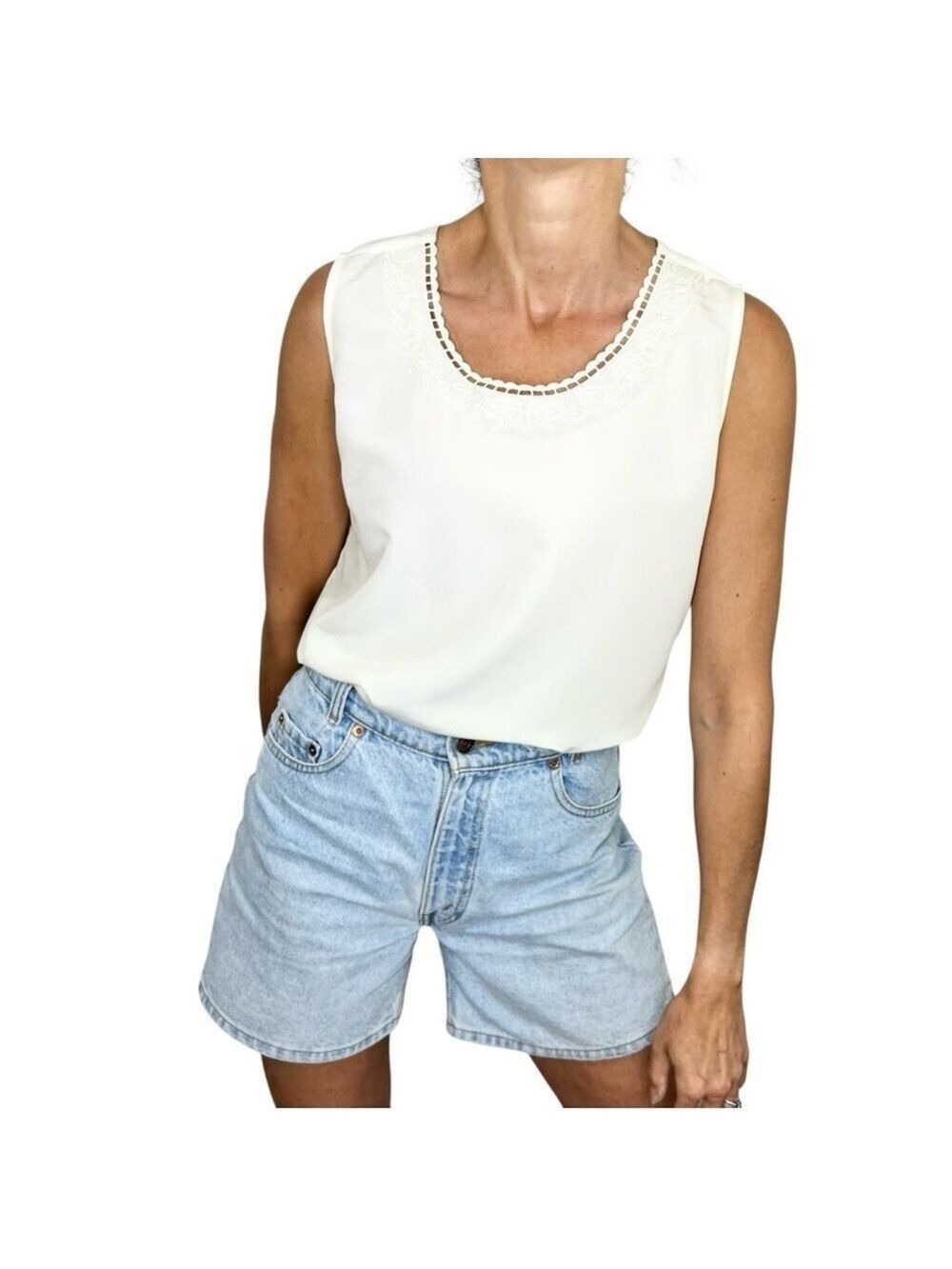 Vintage 80s 90s Betas Choice cream sleeveless embroidered neckline blouse top M